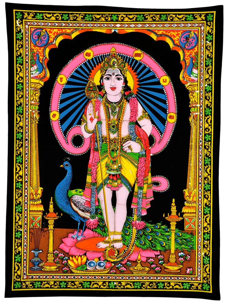 Standing Lord Murugan Swami  - Sequin Decorated Wall Tapestry