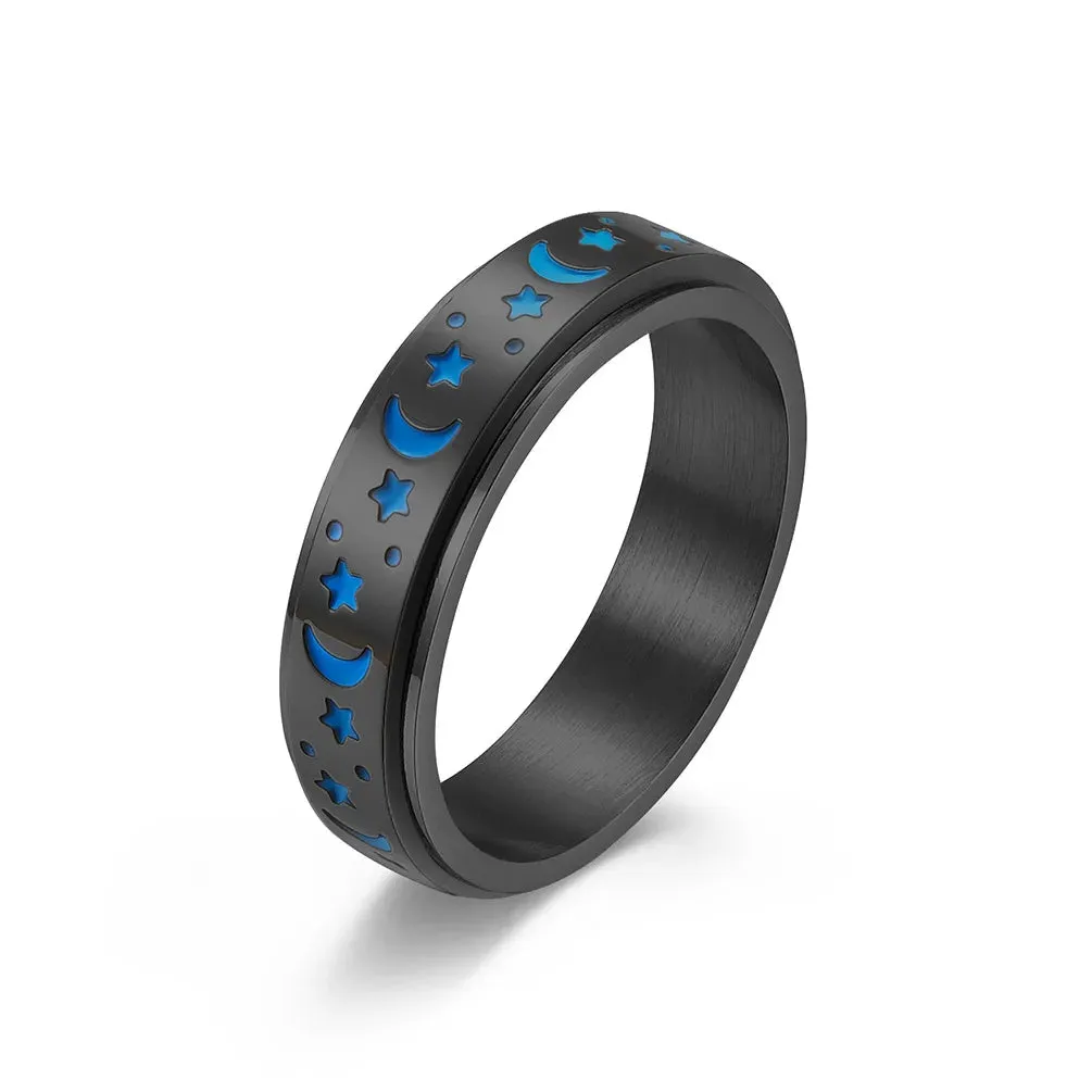 Star and Moon Titanium Steel Rotatable Luminous Ring