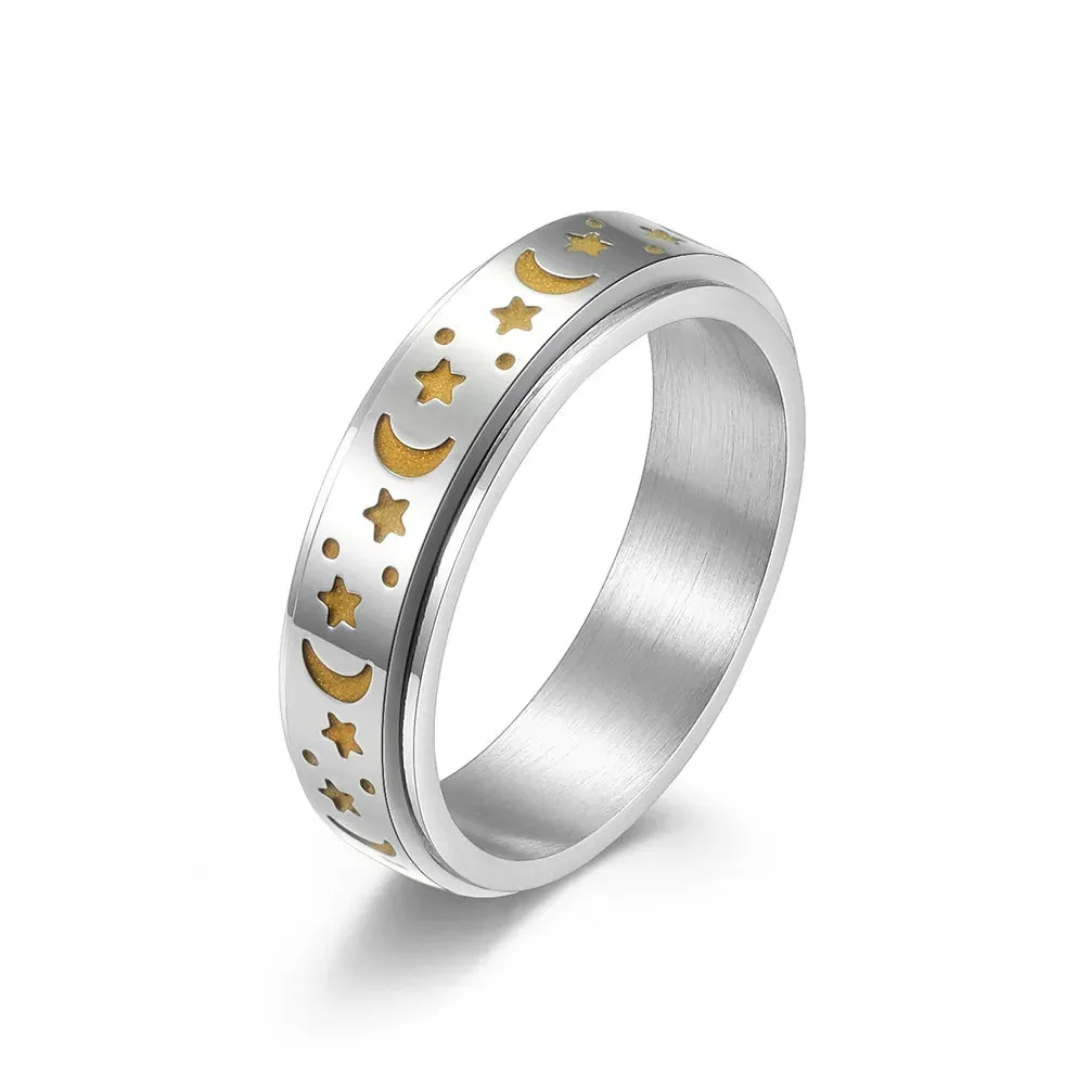 Star and Moon Titanium Steel Rotatable Luminous Ring