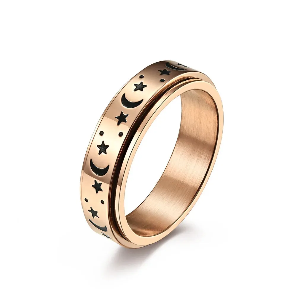 Star and Moon Titanium Steel Rotatable Luminous Ring