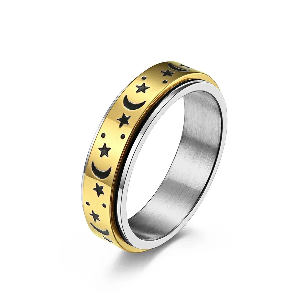 Star and Moon Titanium Steel Rotatable Luminous Ring