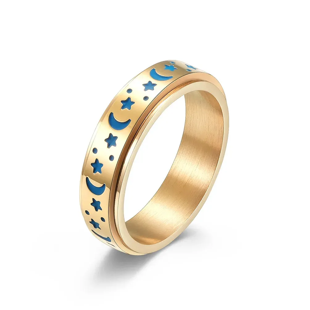 Star and Moon Titanium Steel Rotatable Luminous Ring