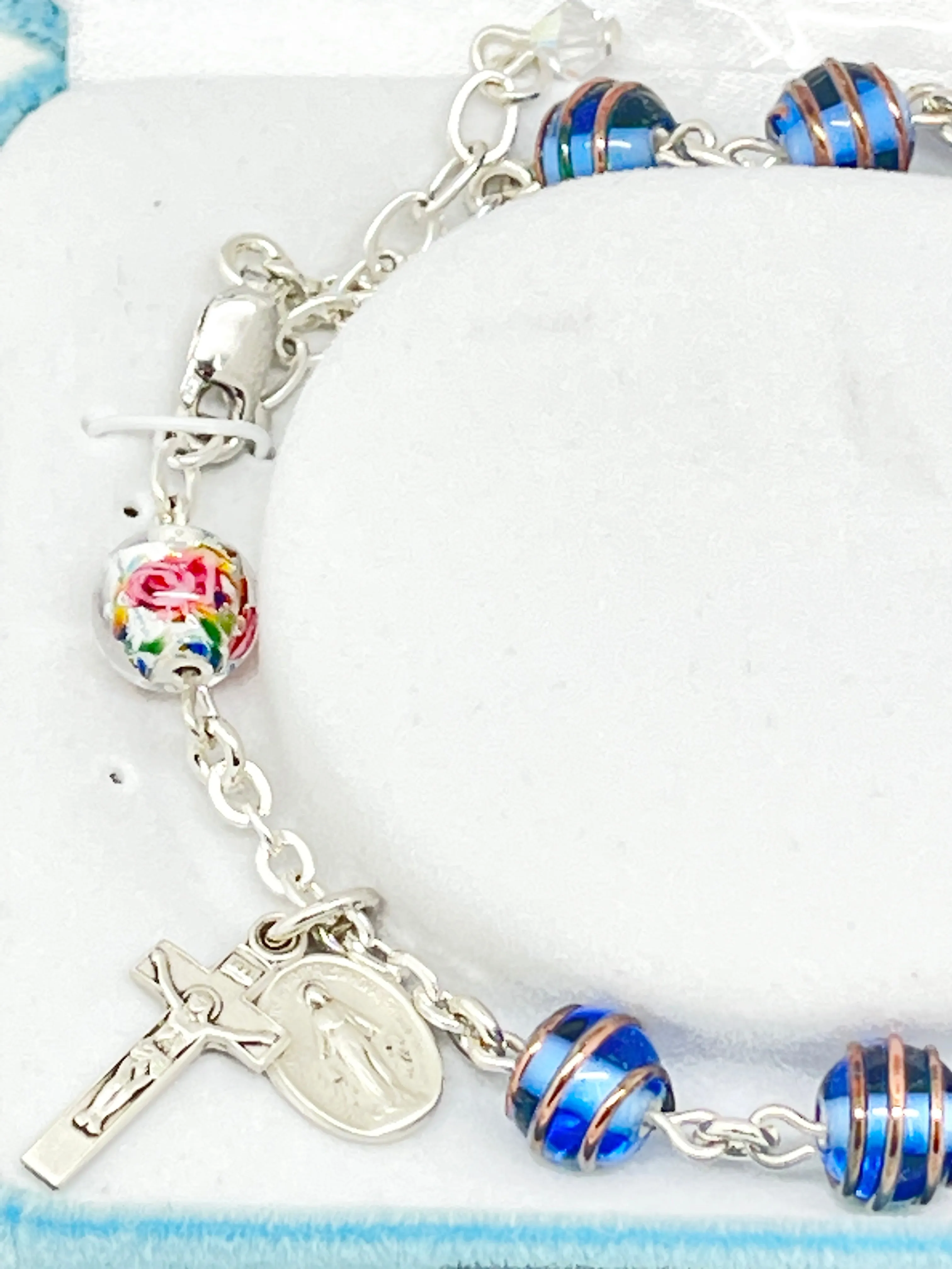Sterling Silver and Czech Blue Gold Swirl Crystal Bead Rosary Bracelet.