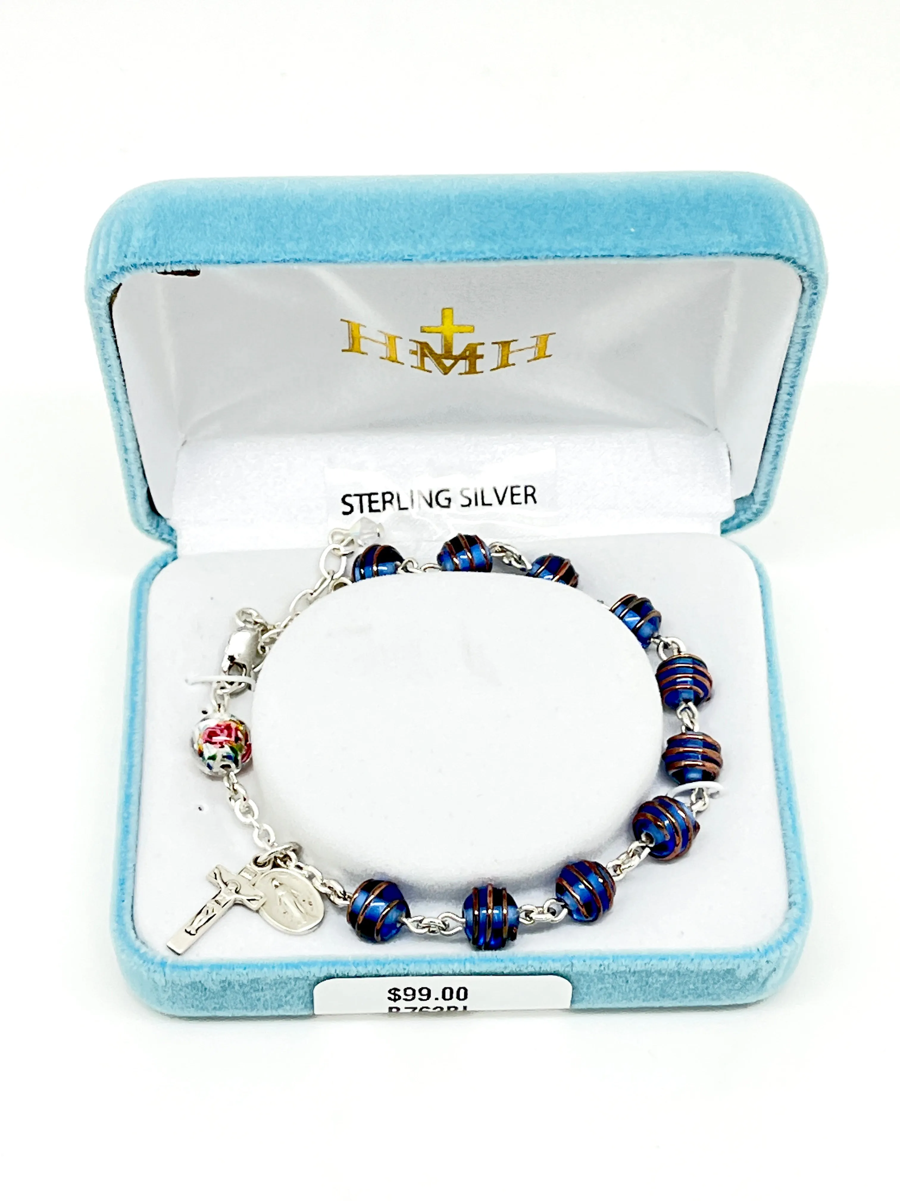 Sterling Silver and Czech Blue Gold Swirl Crystal Bead Rosary Bracelet.