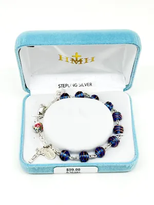 Sterling Silver and Czech Blue Gold Swirl Crystal Bead Rosary Bracelet.