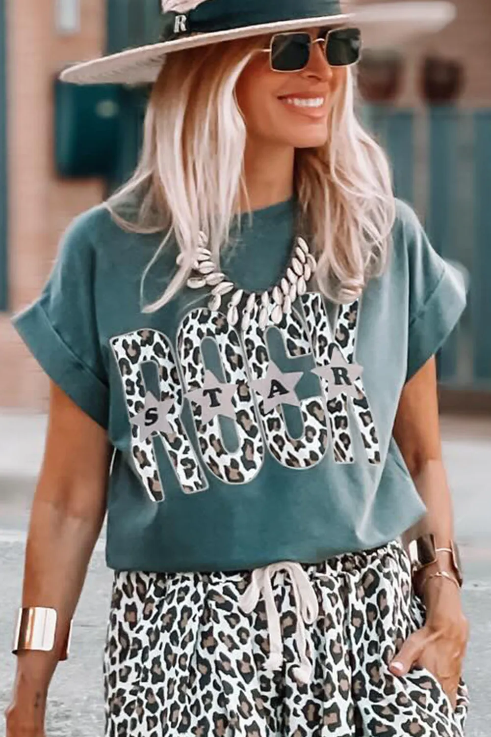 Stone Blue ROCK STAR Folded Sleeve Graphic Tee