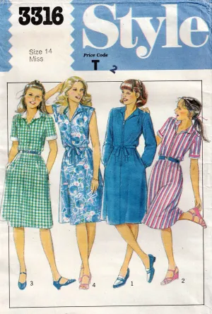 Style 3316 Womens Zip or Button Front Shirtdress 1980s Vintage Sewing Pattern Size 14 Bust 36 inches UNCUT Factory Folded
