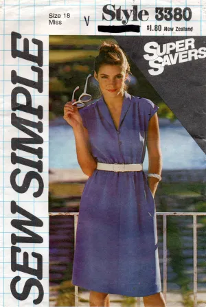 Style 3380 Womens EASY Cap Sleeved Pullover Dress with Pockets 1980s Vintage Sewing Pattern Size 18 Bust 40 inches UNCUT Factory Folded