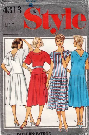 Style 4313 Womens Drop Waisted Dress with V Back & Side Buttoned Skirt 1980s Vintage Sewing Pattern Size 16 Bust 38 inches UNCUT Factory Folded