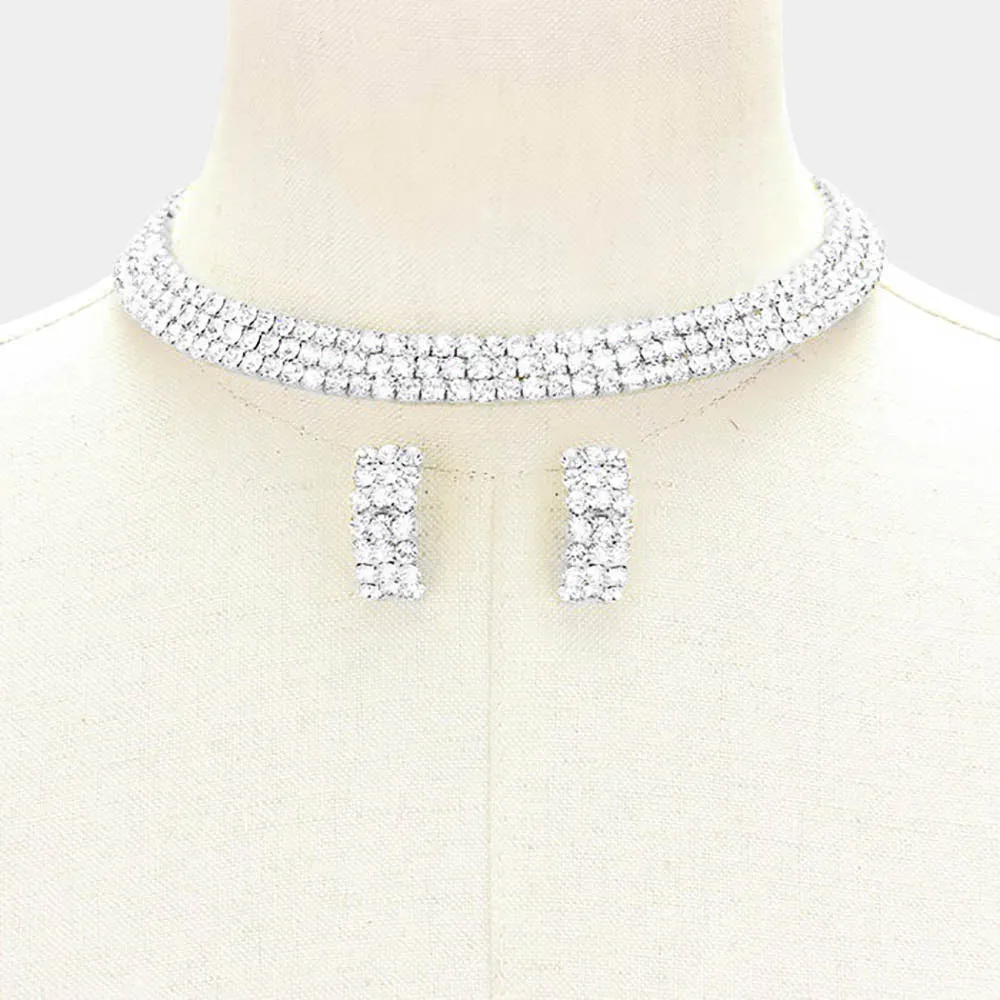 Three Row Clear Diamond Crystal Choker and Earrings | 101773