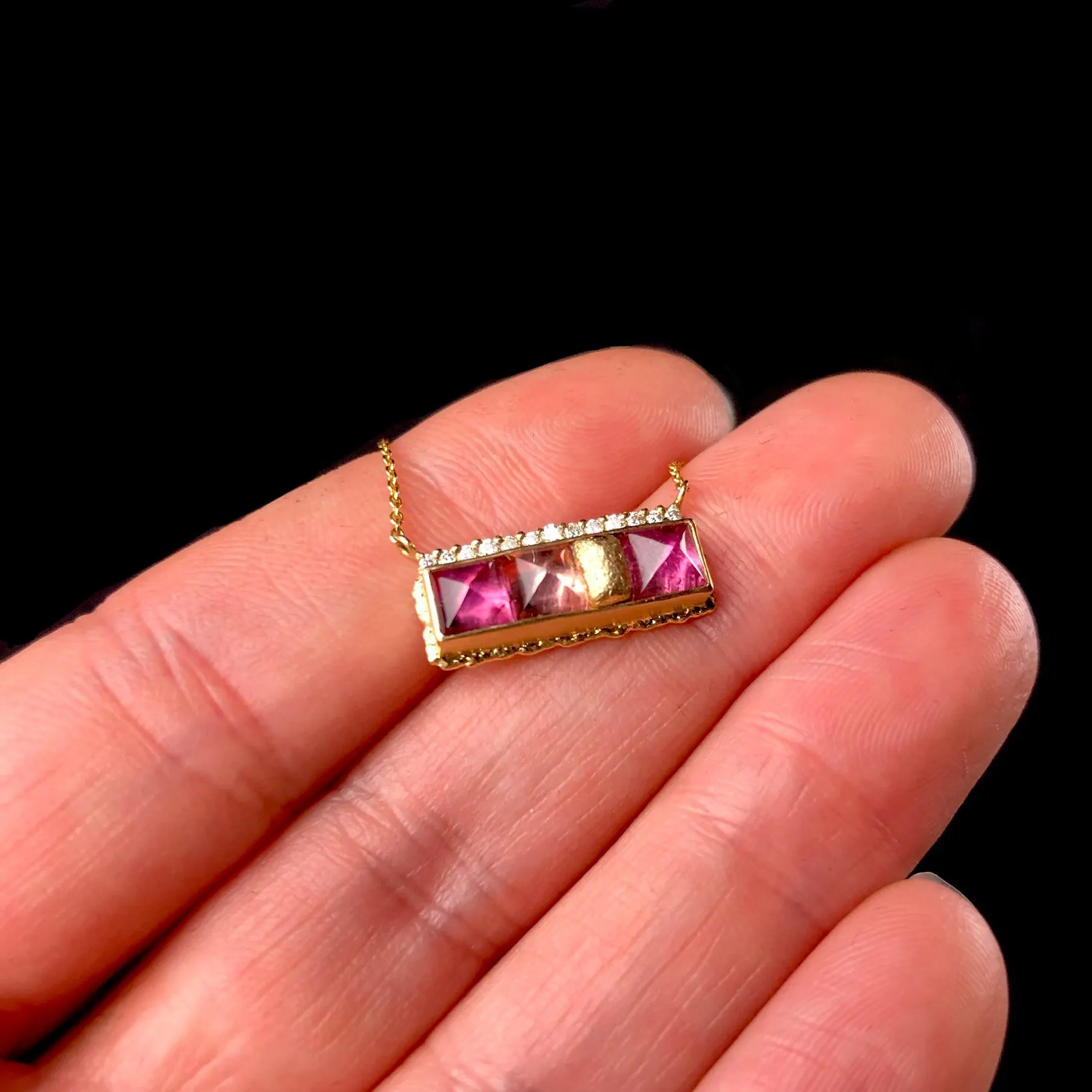 Tourmaline Ruffled Gold Bar Necklace
