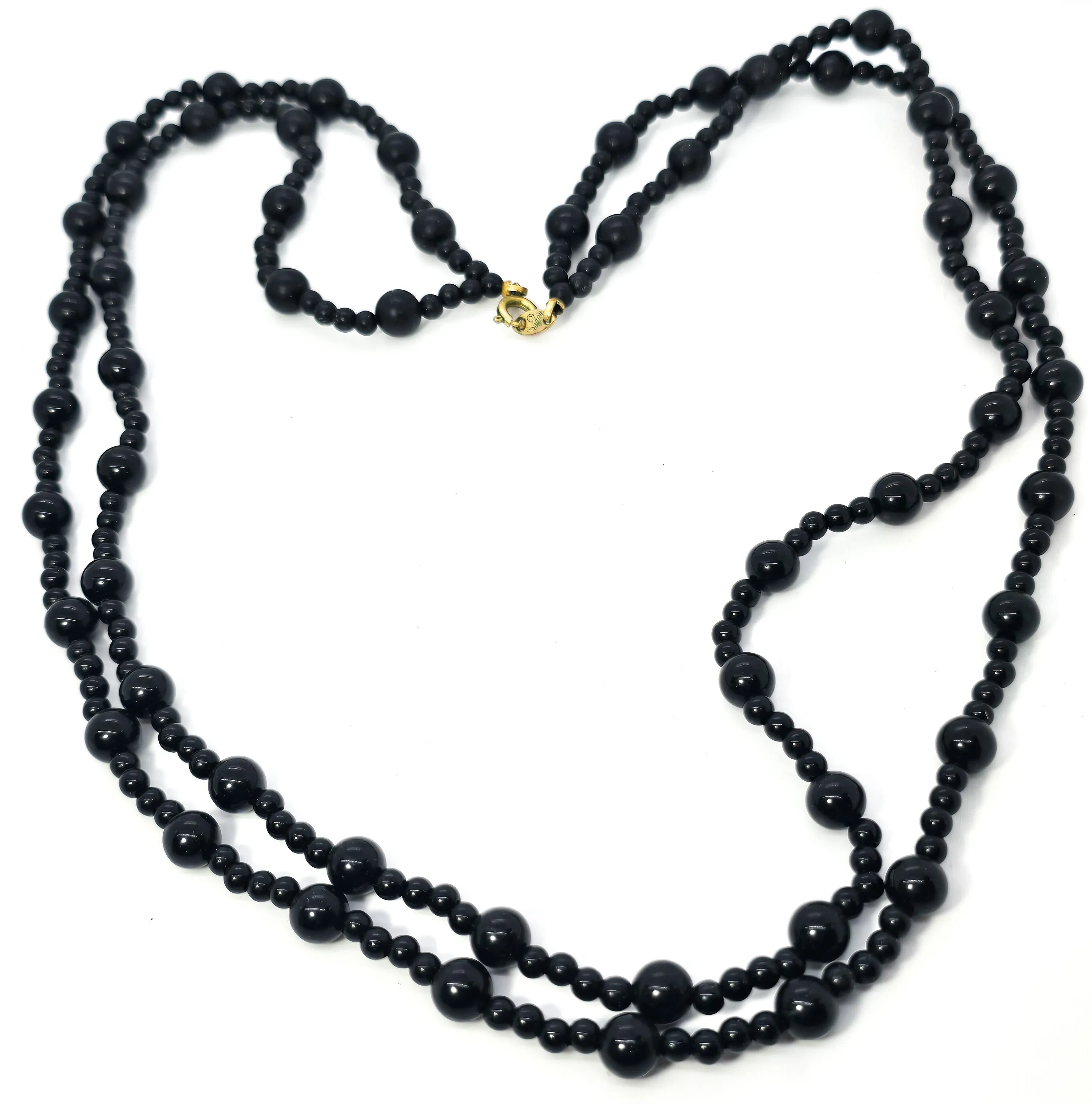 Trifari double strand black Lucite beaded vintage 24" necklace