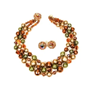 Triple Strand Green, Gold, and Bronze Necklace and Earring Set