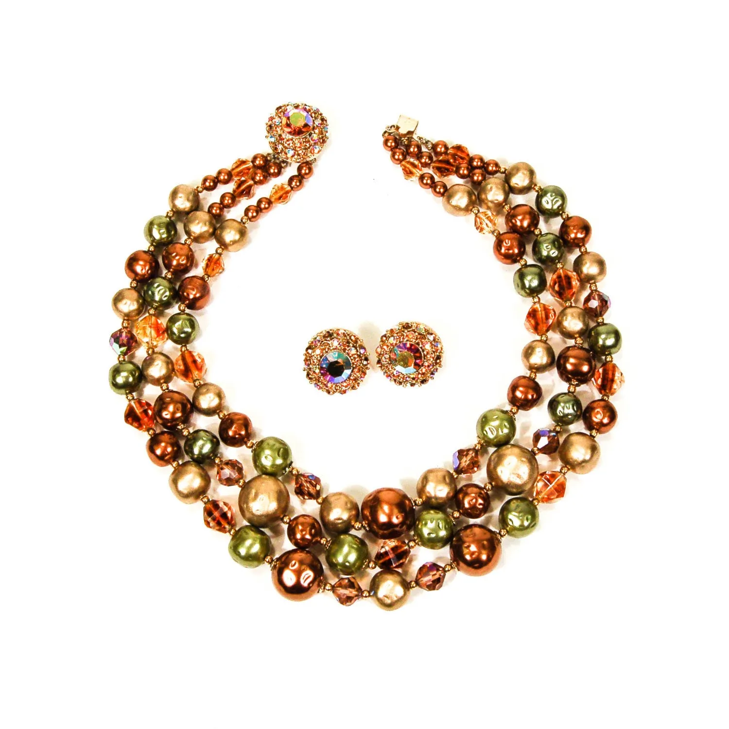 Triple Strand Green, Gold, and Bronze Necklace and Earring Set