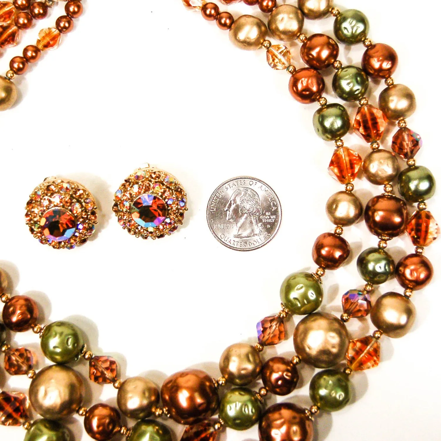 Triple Strand Green, Gold, and Bronze Necklace and Earring Set