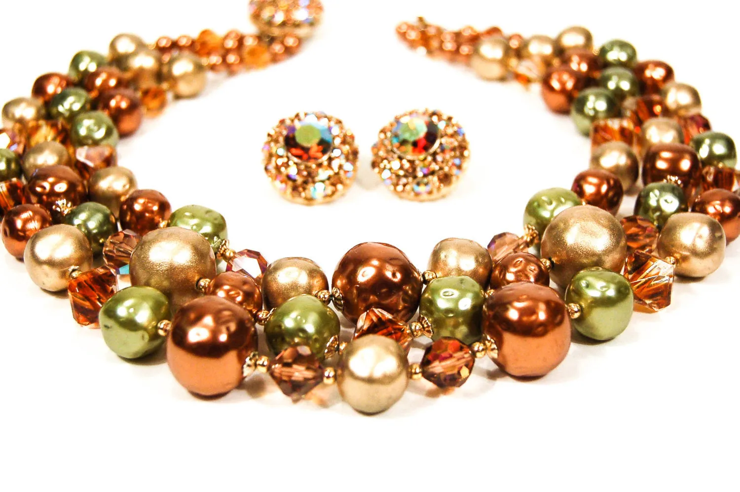 Triple Strand Green, Gold, and Bronze Necklace and Earring Set
