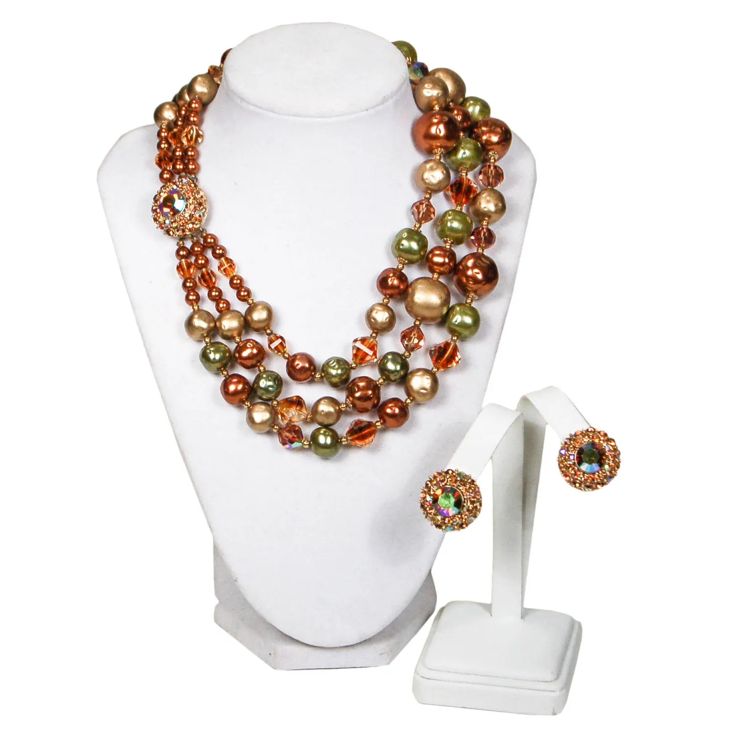 Triple Strand Green, Gold, and Bronze Necklace and Earring Set