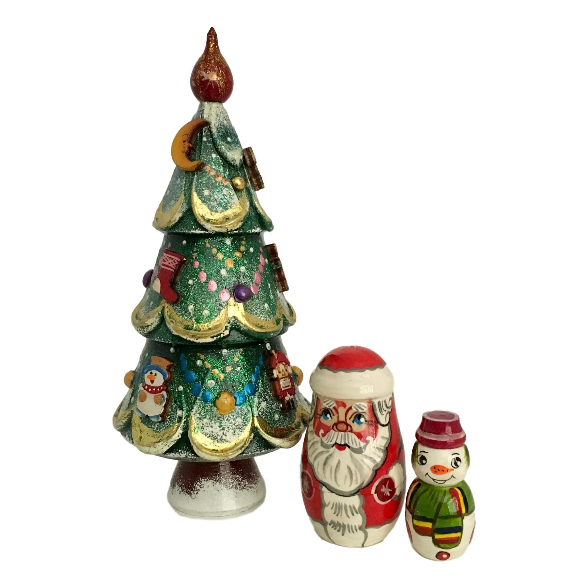 Unique Carved Christmas Tree Matryoshka Stacking Set