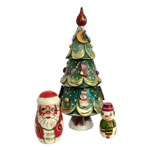 Unique Carved Christmas Tree Matryoshka Stacking Set