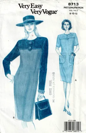 Very Easy Vogue 8713 Womens Color Block Tapered Dress 1990s Vintage Sewing Pattern Size 8 - 12 UNCUT Factory Folded
