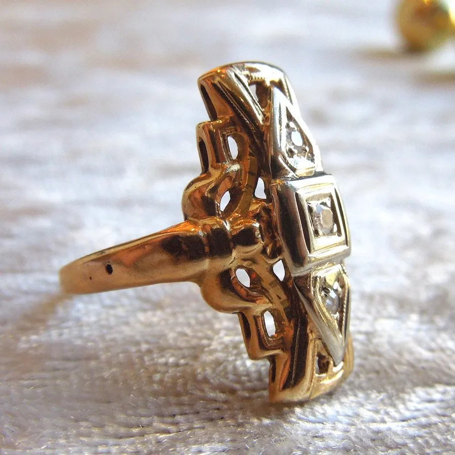 Victorian Bicolor Gold and Diamond Navette Ring