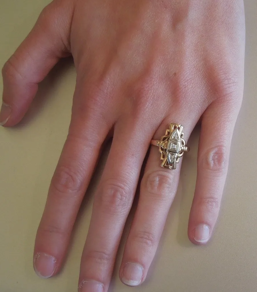 Victorian Bicolor Gold and Diamond Navette Ring