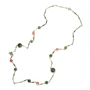 Vintage 1960s Angel Skin Coral and Faux Jade Lucite Beaded Station Minimalist Long Necklace