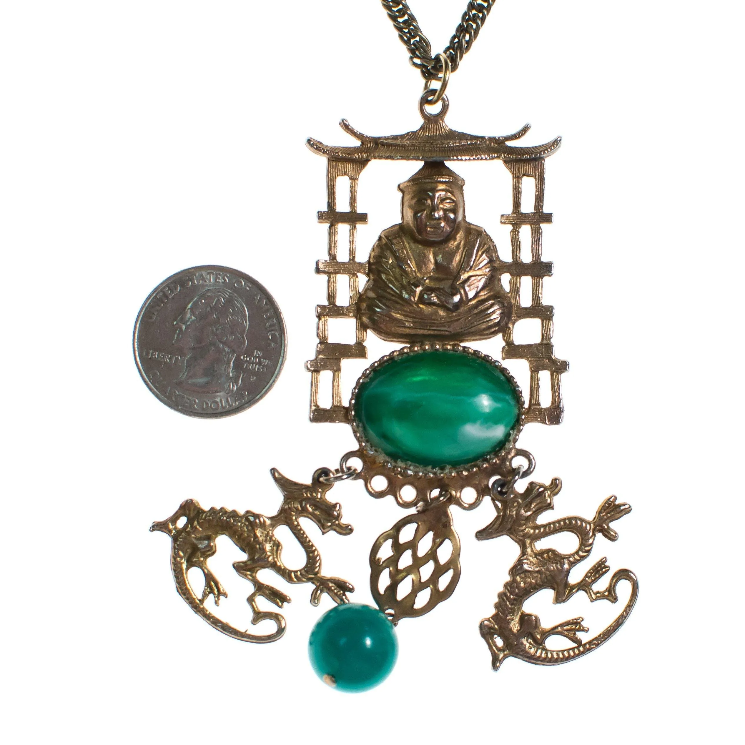 Vintage 1960s Gold Buddha and Jade Green Charm Statement Necklace