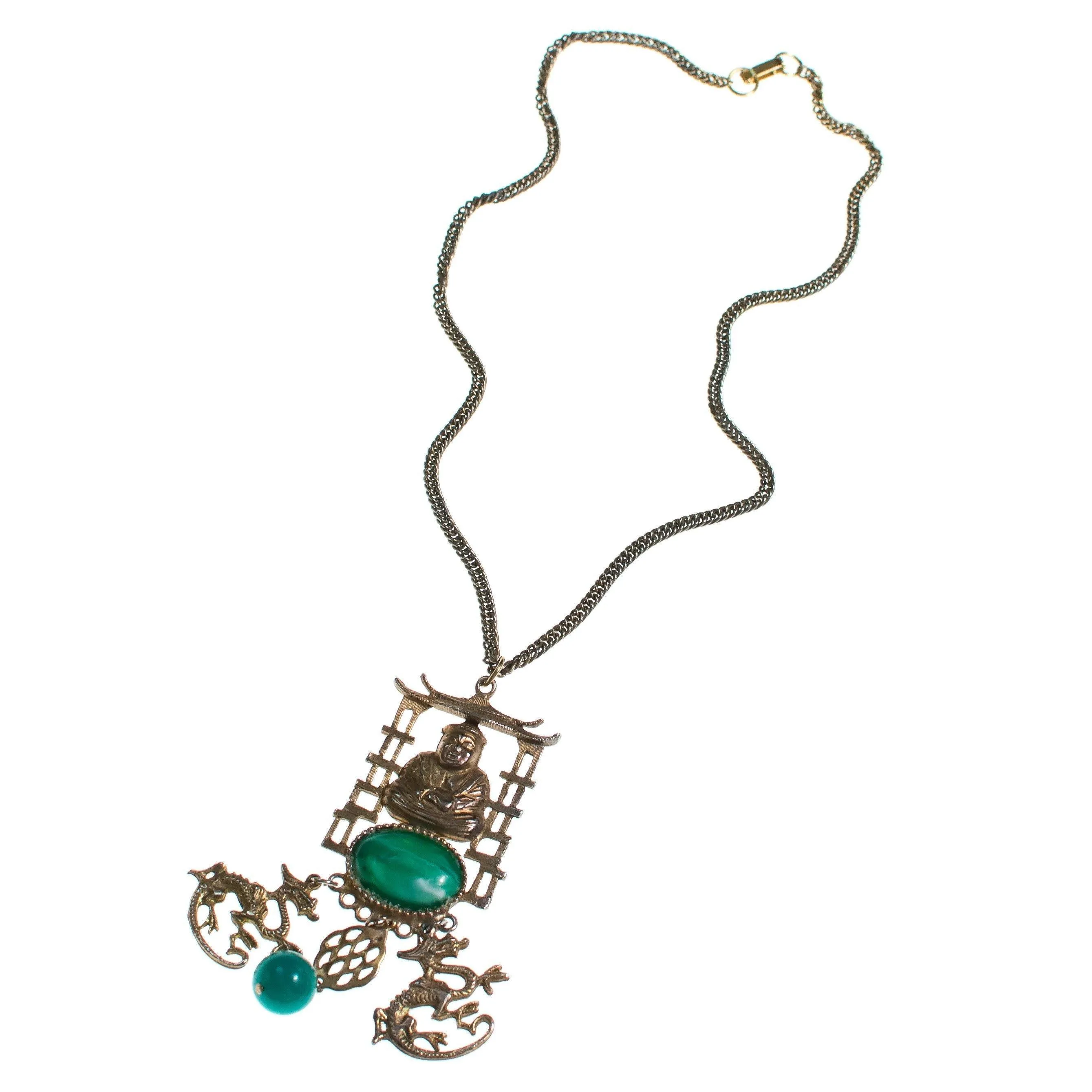 Vintage 1960s Gold Buddha and Jade Green Charm Statement Necklace
