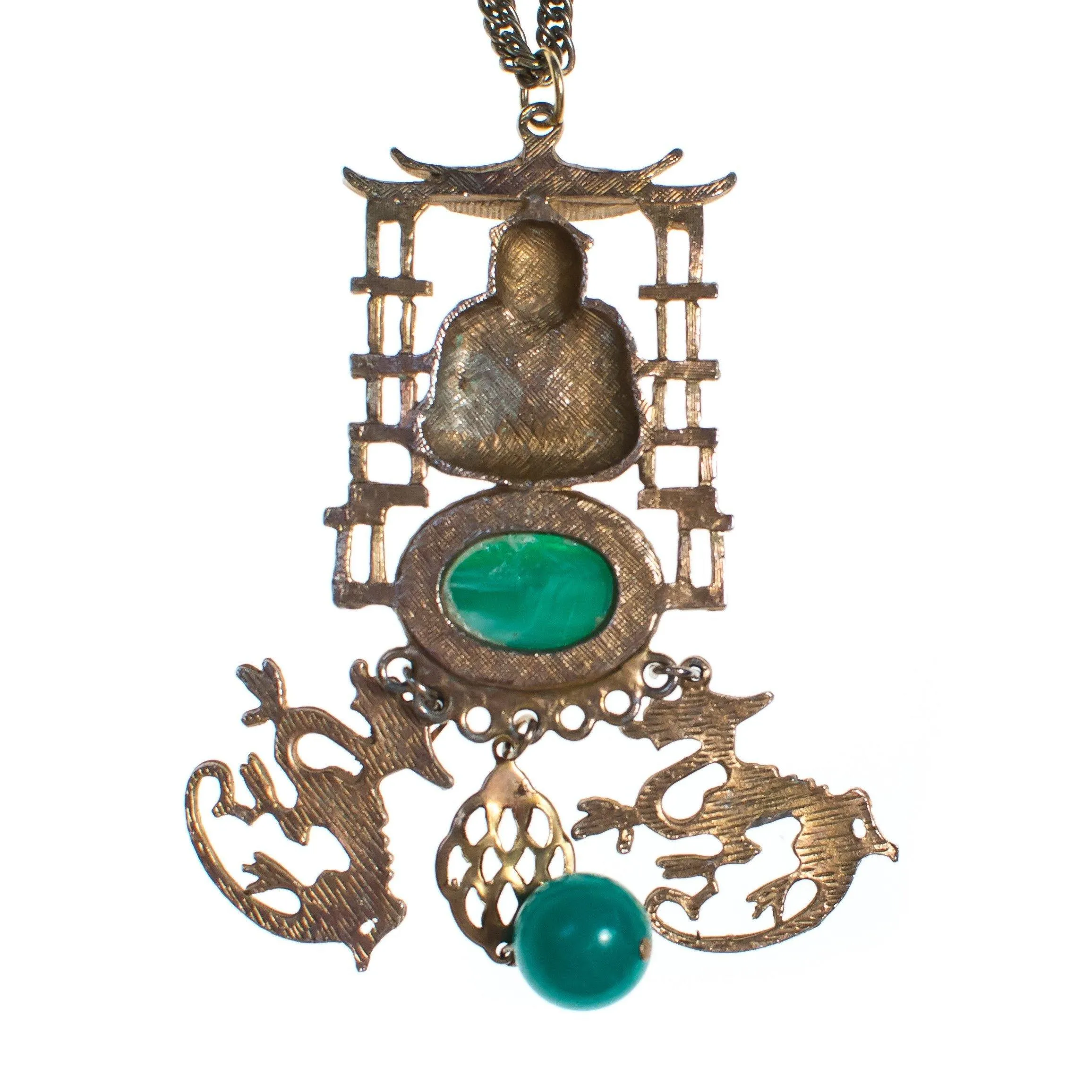 Vintage 1960s Gold Buddha and Jade Green Charm Statement Necklace