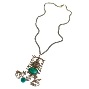 Vintage 1960s Gold Buddha and Jade Green Charm Statement Necklace