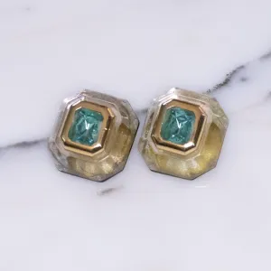 Vintage 1980s Lucite Earrings with Bezel Set Emerald Cut Blue Crystals