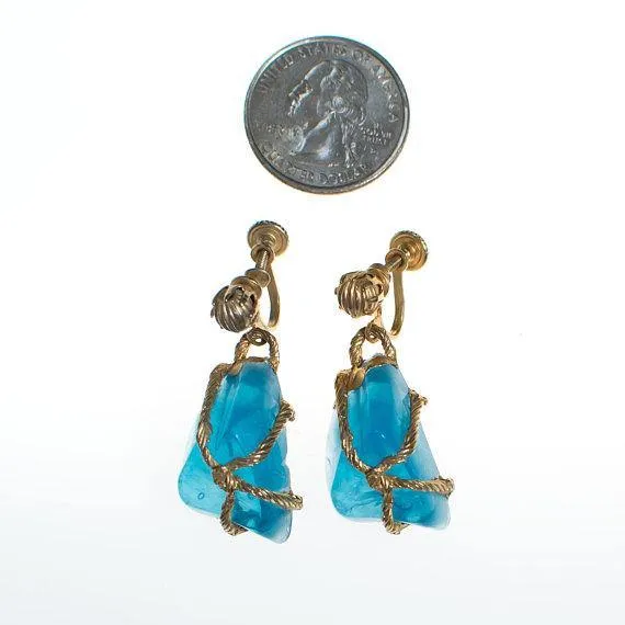 Vintage Blue Rock Candy Lucite Dangle Drop Earrings, 1950s Era