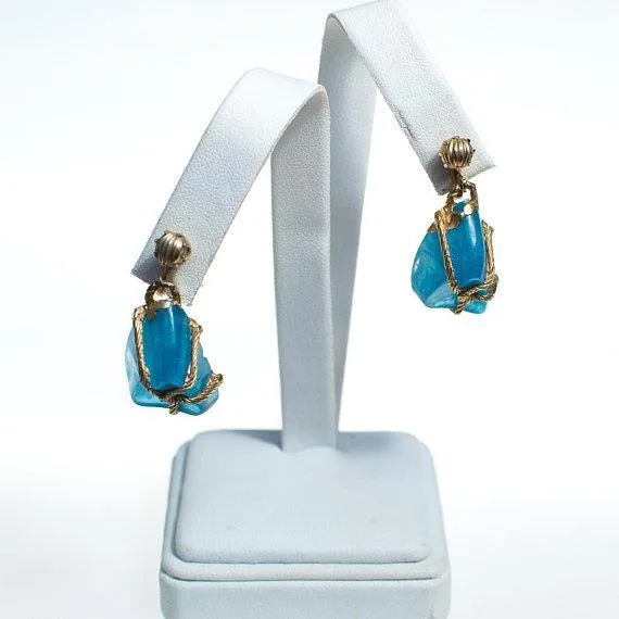 Vintage Blue Rock Candy Lucite Dangle Drop Earrings, 1950s Era