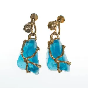 Vintage Blue Rock Candy Lucite Dangle Drop Earrings, 1950s Era