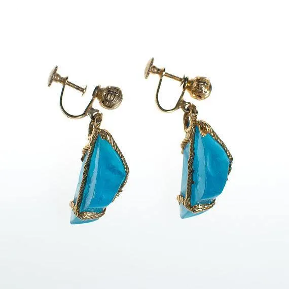 Vintage Blue Rock Candy Lucite Dangle Drop Earrings, 1950s Era