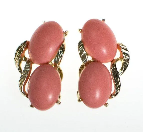Vintage Blush Pink Lucite Statement Earrings, Gold Tone, Clip-on