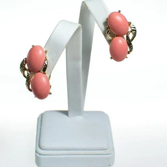 Vintage Blush Pink Lucite Statement Earrings, Gold Tone, Clip-on