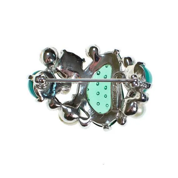 Vintage Castlecliff Brooch Emerald Turquoise Lucite, Jade Green, Faux Pearls
