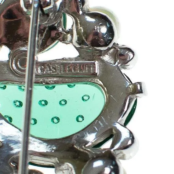 Vintage Castlecliff Brooch Emerald Turquoise Lucite, Jade Green, Faux Pearls