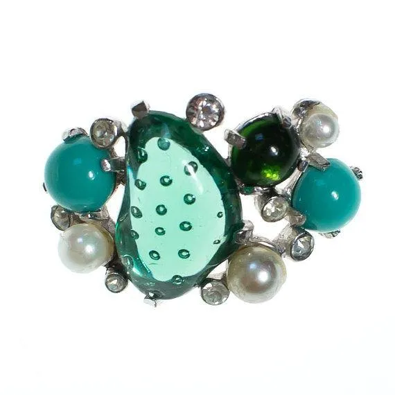Vintage Castlecliff Brooch Emerald Turquoise Lucite, Jade Green, Faux Pearls