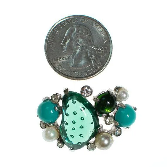 Vintage Castlecliff Brooch Emerald Turquoise Lucite, Jade Green, Faux Pearls