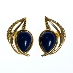 Vintage Crown Trifari Blue Cabochon Gold Leaf Modernist Statement Earrings