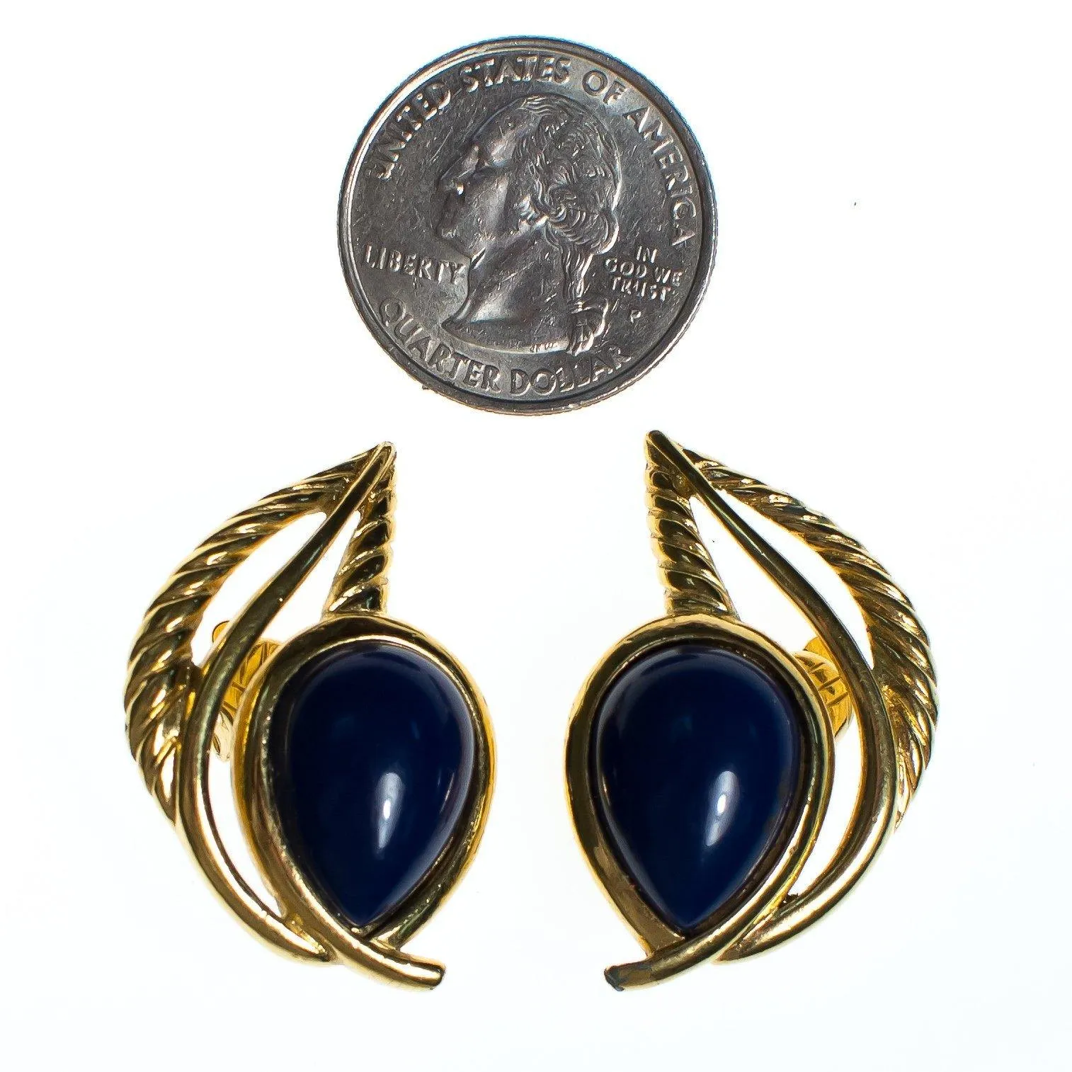 Vintage Crown Trifari Blue Cabochon Gold Leaf Modernist Statement Earrings