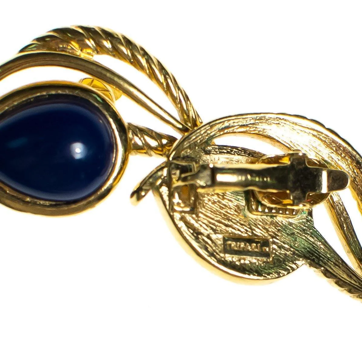 Vintage Crown Trifari Blue Cabochon Gold Leaf Modernist Statement Earrings