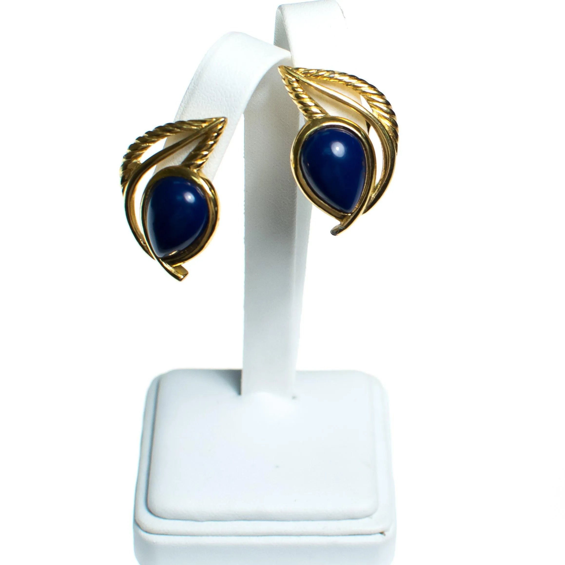 Vintage Crown Trifari Blue Cabochon Gold Leaf Modernist Statement Earrings
