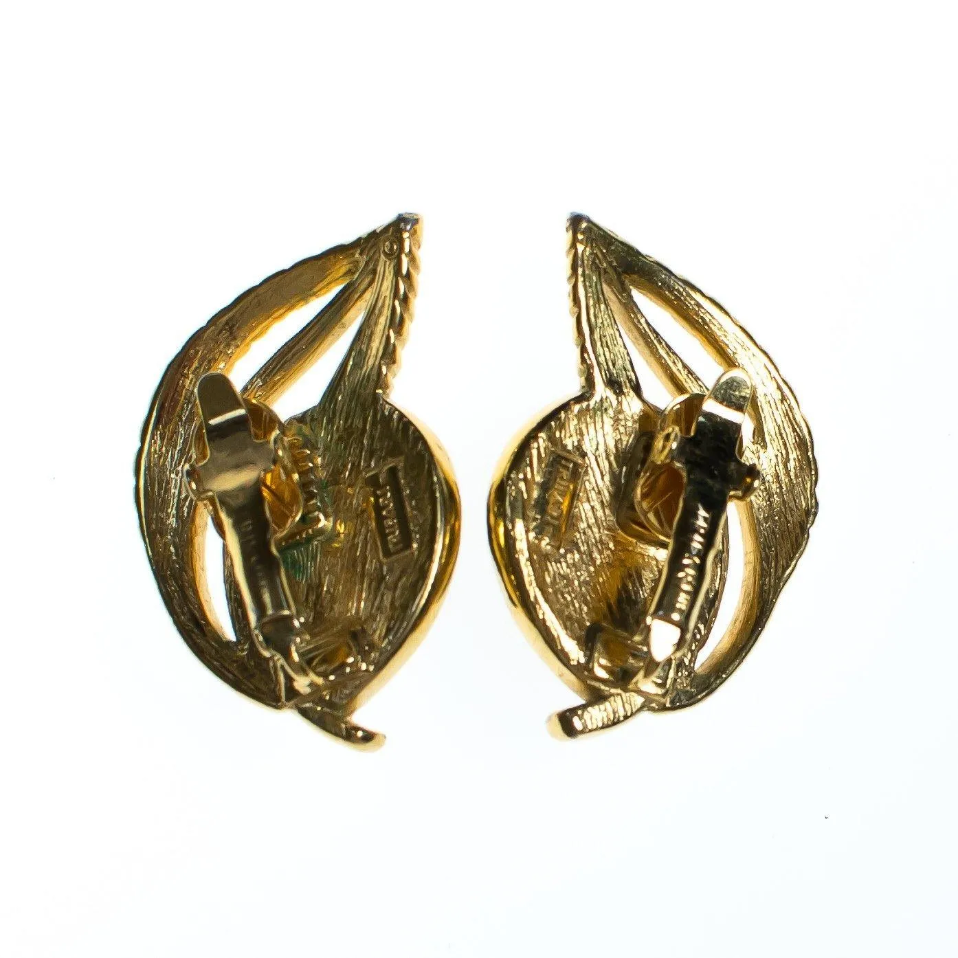 Vintage Crown Trifari Blue Cabochon Gold Leaf Modernist Statement Earrings