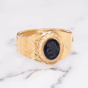 Vintage Czech Gold Tone Embossed Cuff Bracelet with Black Lucite Cameo