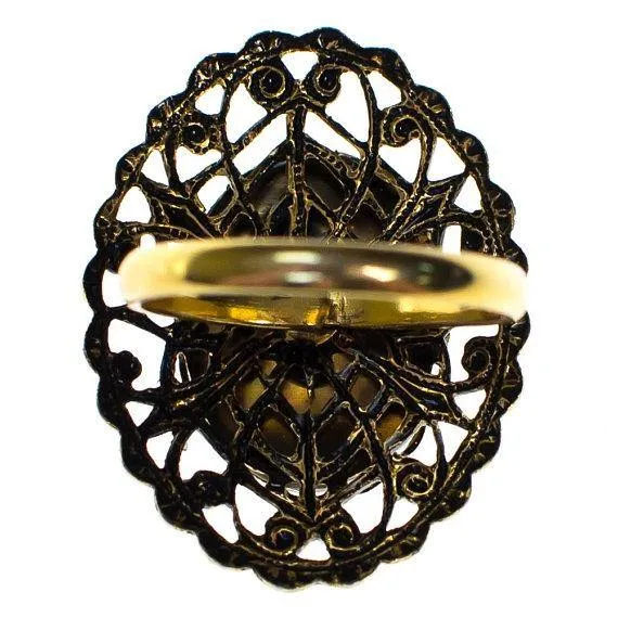 Vintage Daisy Ring with Filigree Setting, Adjustable, Antique Gold Tone