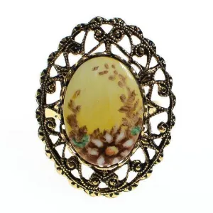 Vintage Daisy Ring with Filigree Setting, Adjustable, Antique Gold Tone